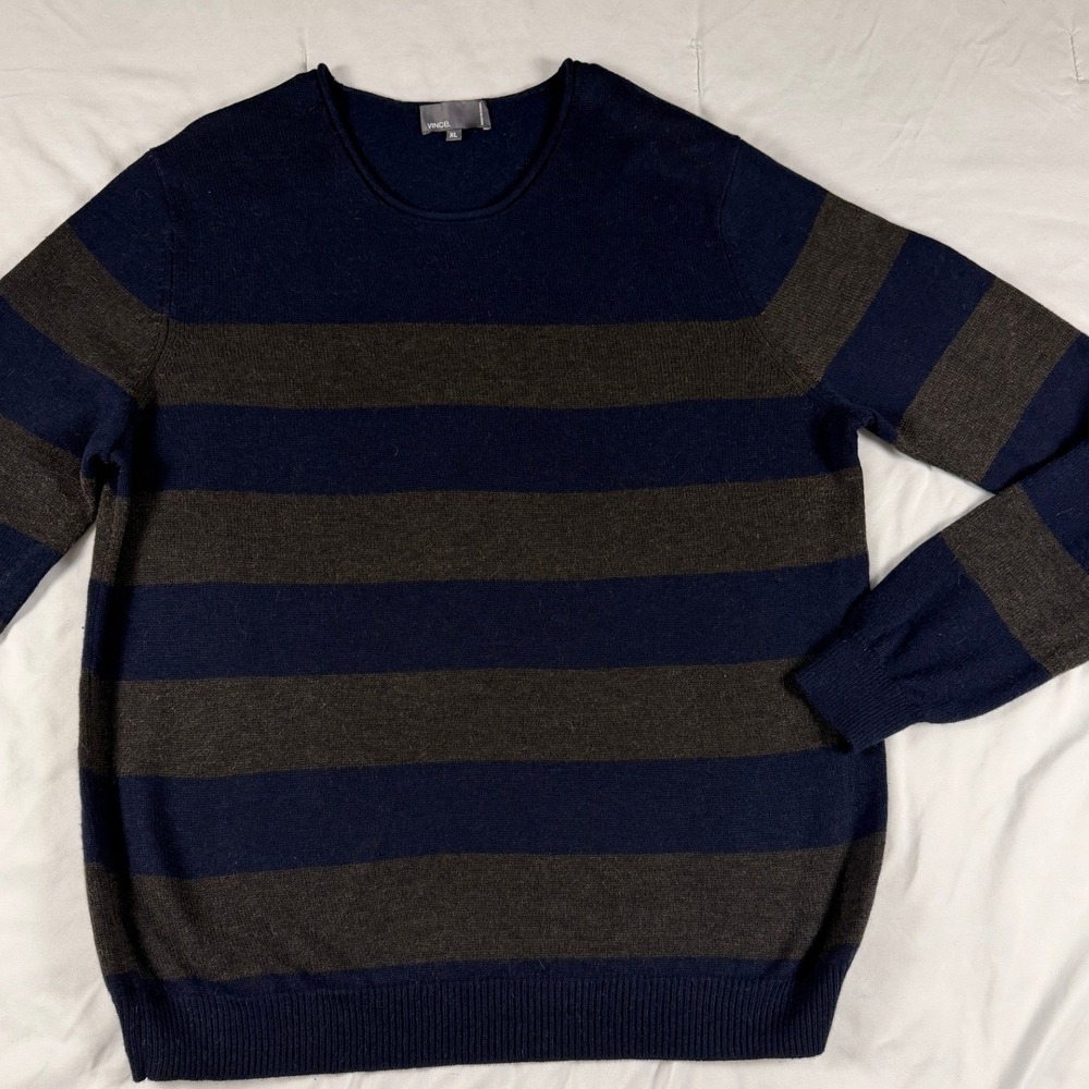 Vince Mens XL Striped Wool Camel Hair Blend Crewneck Sweater Navy Blue‎ Grey